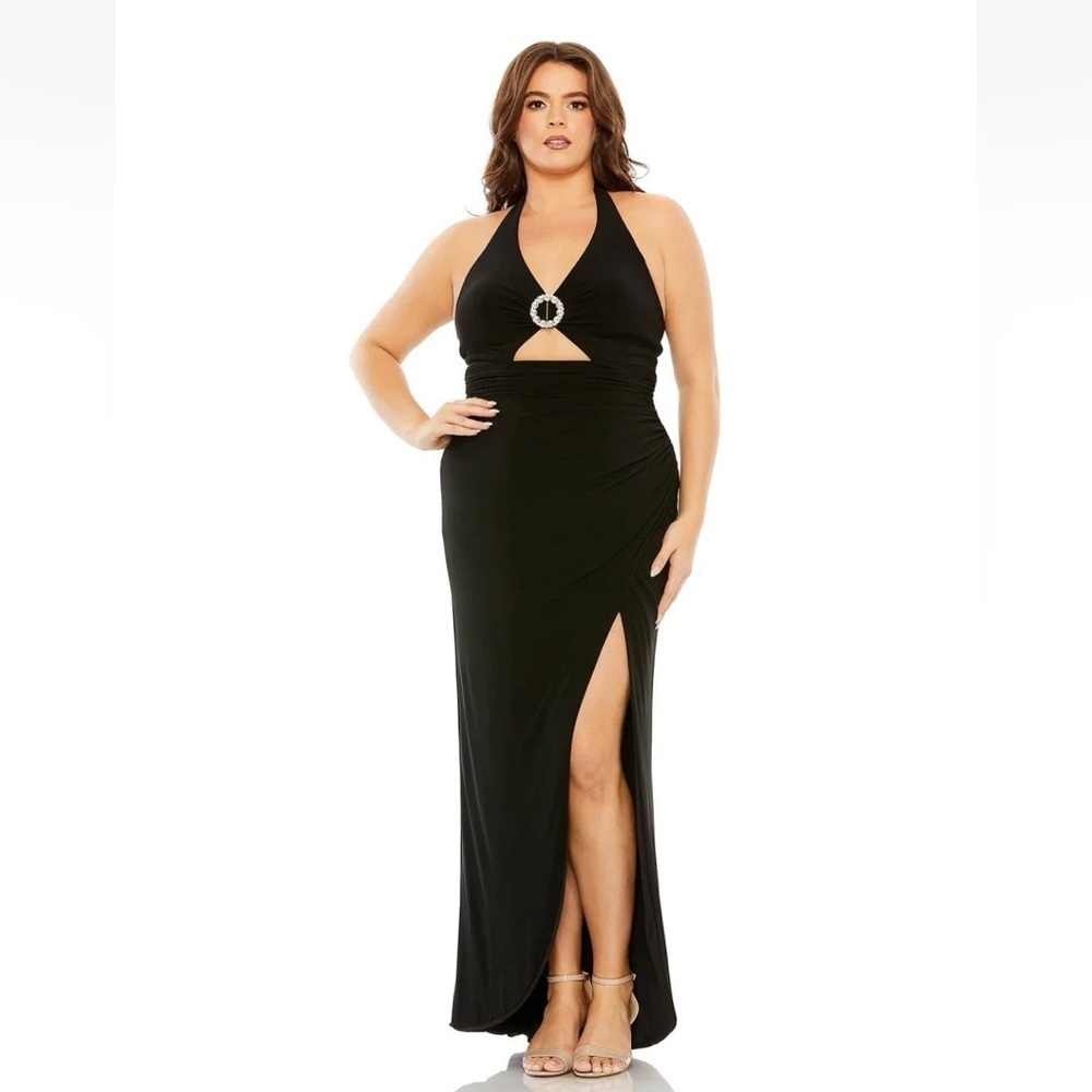 Mac Duggal 76993 Black Halter Tie Keyhole Detail sz 16W NWT